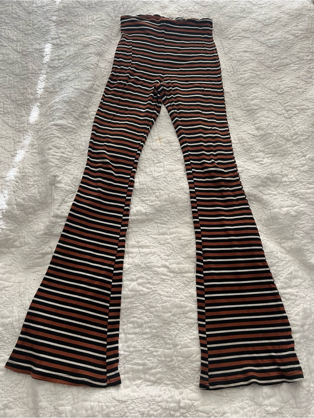 Olivaceous Striped Flare Pants in Black, Brown & Cream